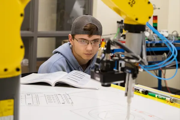 Student observes a robotic arm drawing on paper in a lab setting.