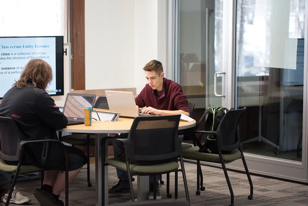 Two male IT students focused on laptops at a round table in a light-filled room.