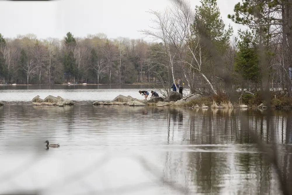 Lake with students in the distance collecting samples.