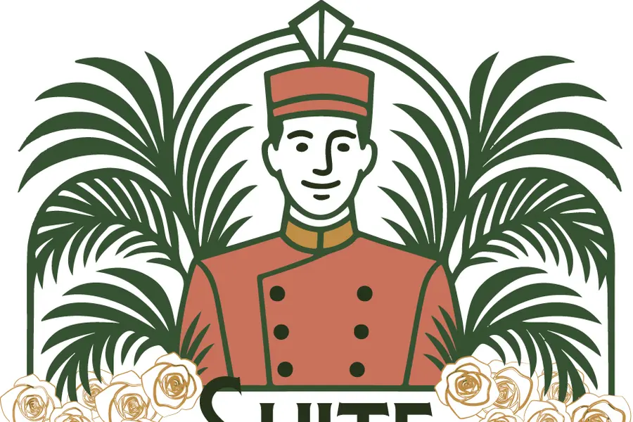 Bellhop in uniform with palm trees and roses, "Suite Surrender" text below. Logo design.